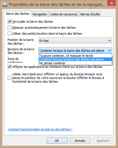 Propriétés Barre des tâches Windows 8.1